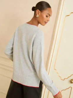 Love & Roses Grey Sequin Red Love Heart Cosy Knitted Jumper