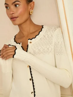 Love & Roses Ivory and Black Scallop Knitted Cardigan