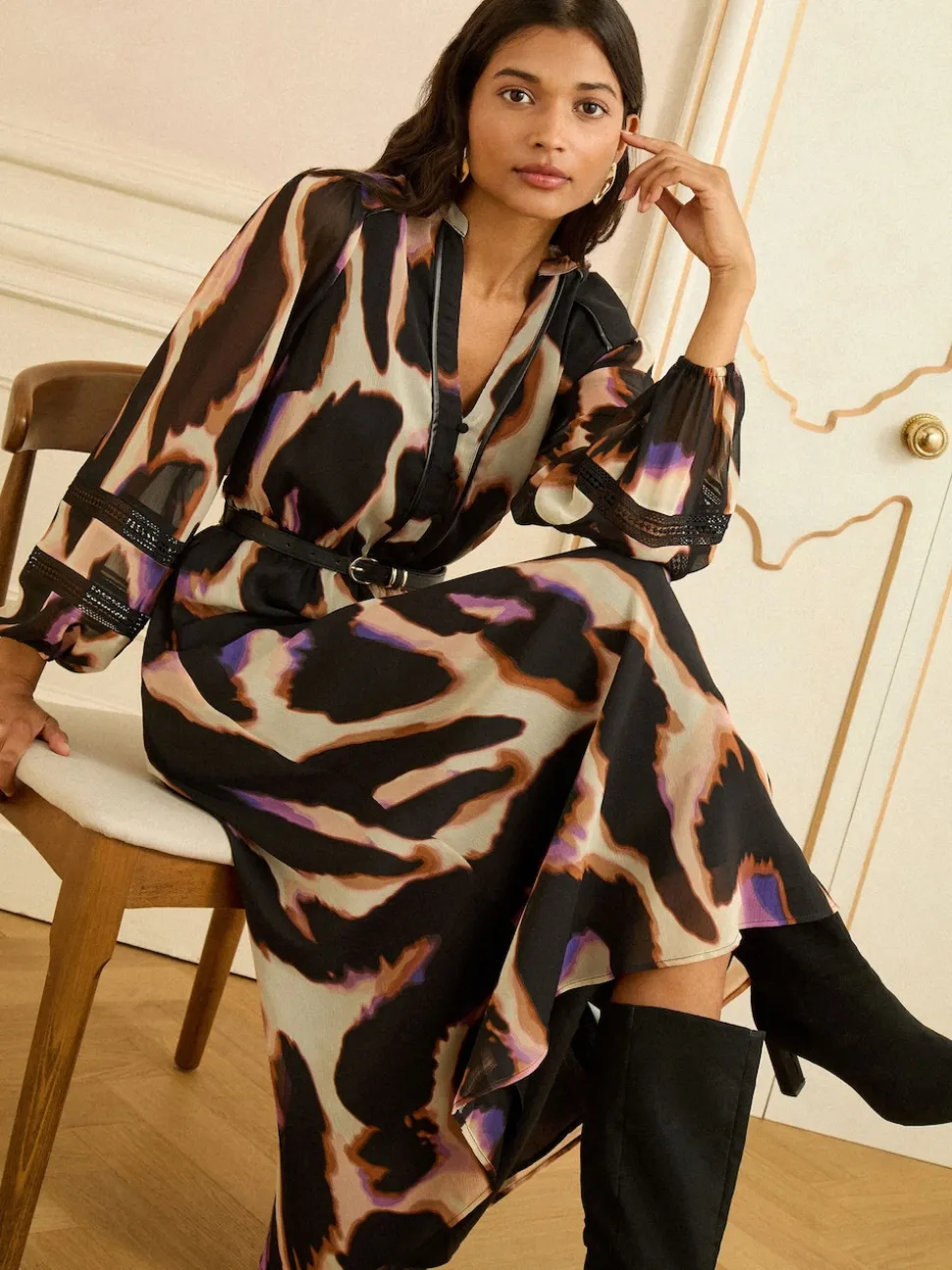 Love & Roses Ivory Animal PU Trim Midi Dress