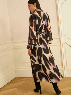 Love & Roses Ivory Animal PU Trim Midi Dress