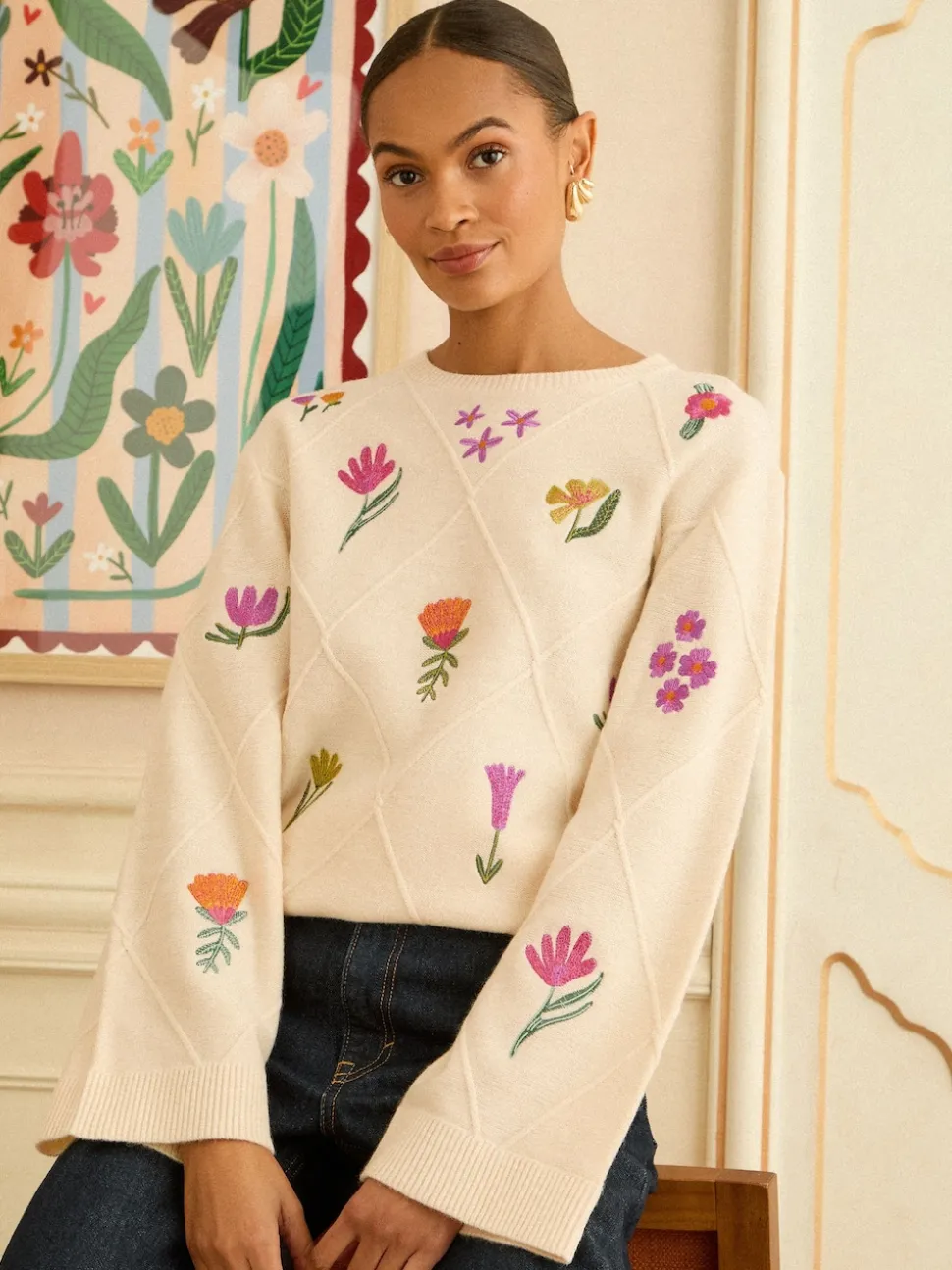Love & Roses Ivory Embroidered Detail Knitted Jumper