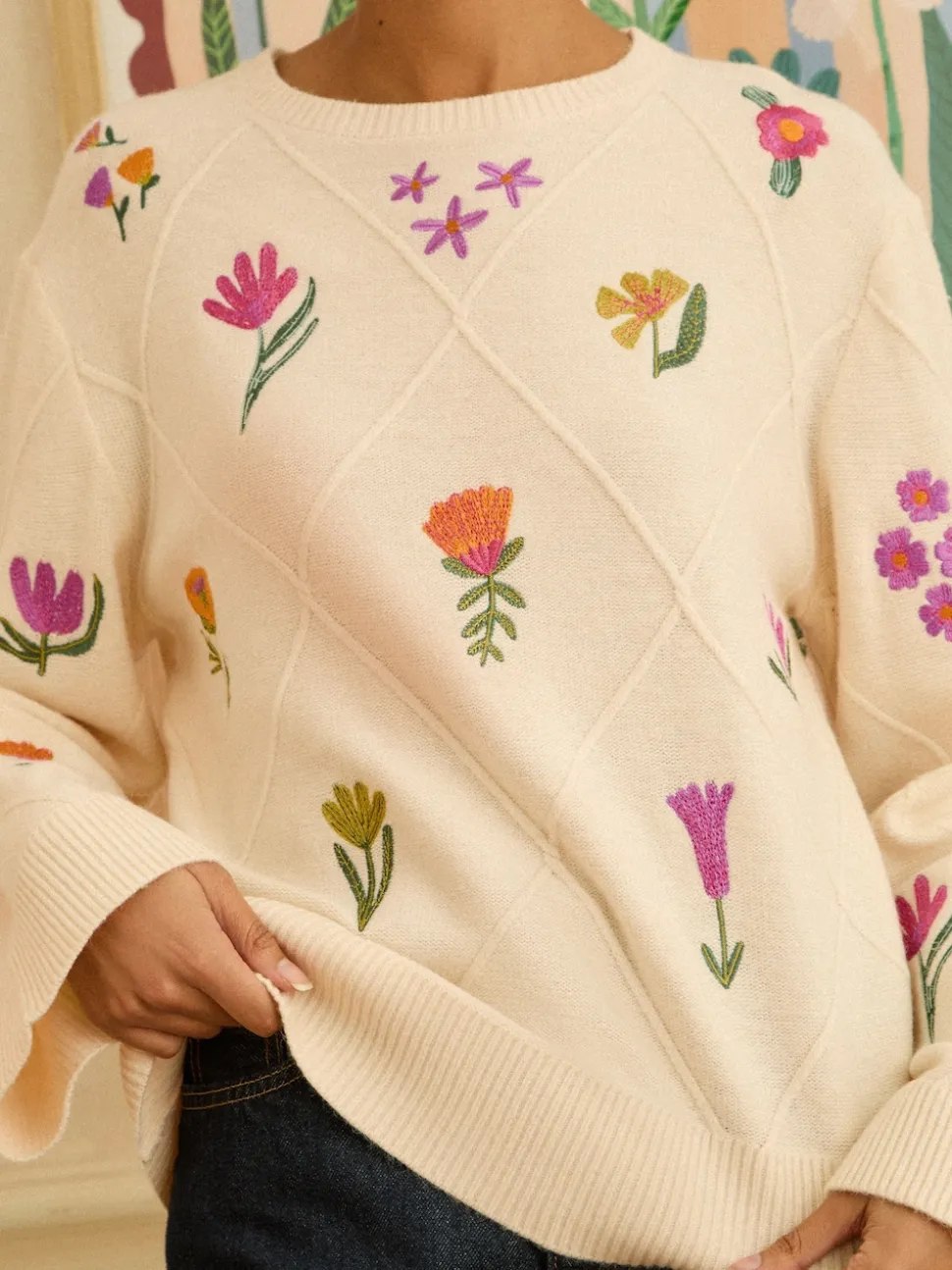 Love & Roses Ivory Embroidered Detail Knitted Jumper