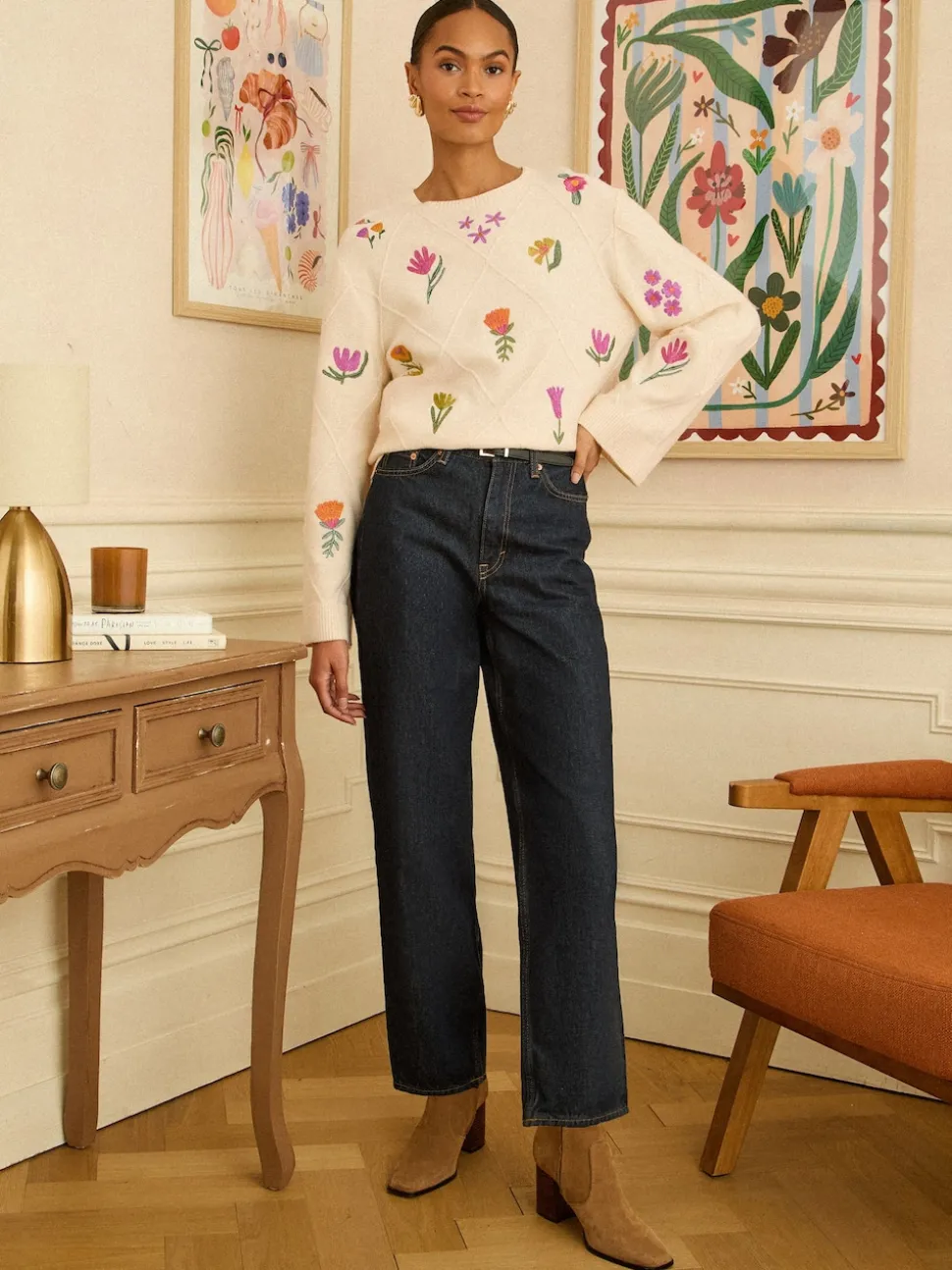 Love & Roses Ivory Embroidered Detail Knitted Jumper