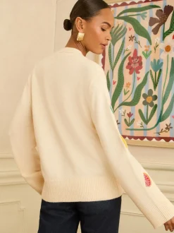 Love & Roses Ivory Embroidered Knitted Cardigan