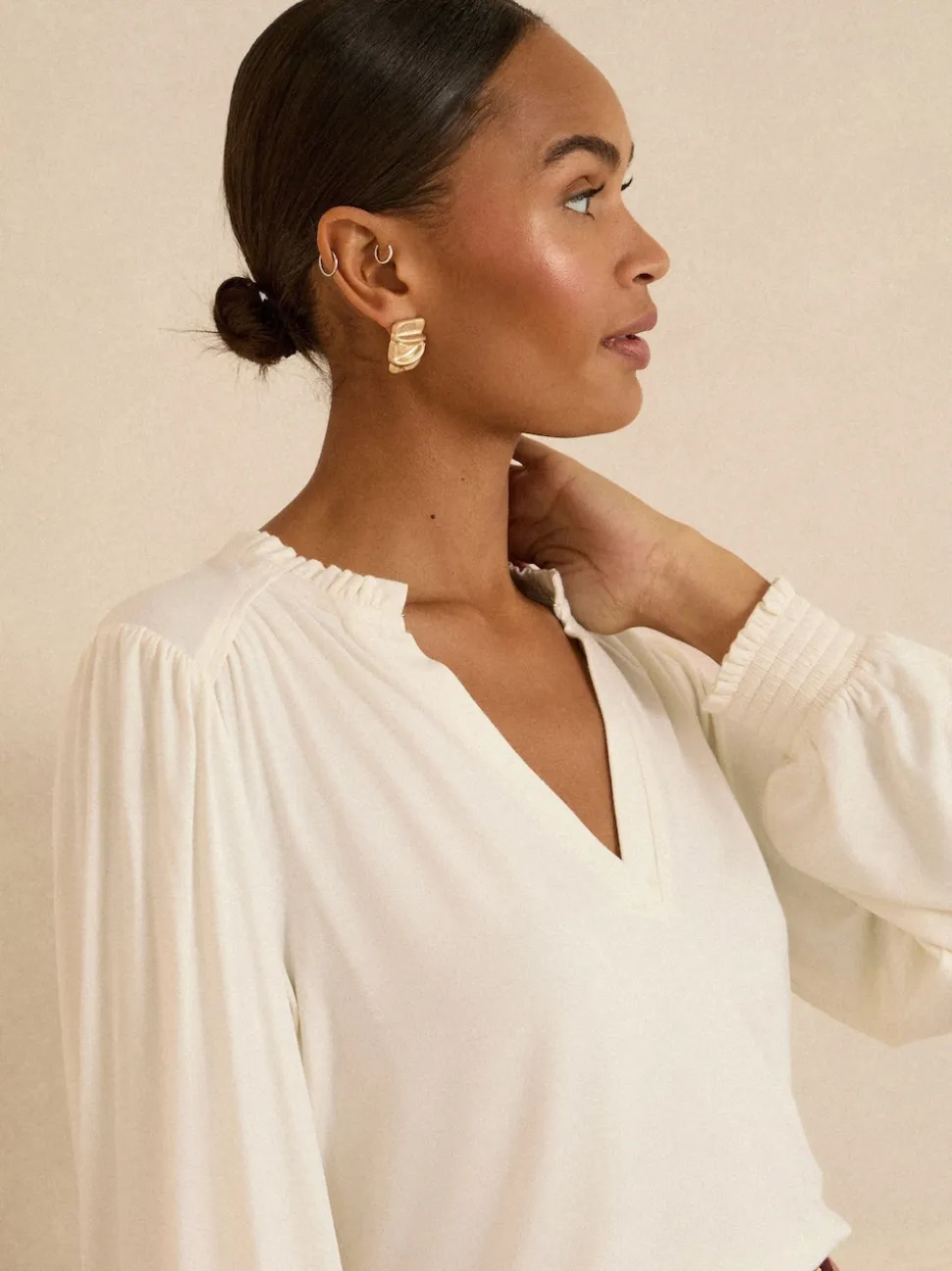 Love & Roses Ivory Frill V-Neck Jersey Long Sleeve Top