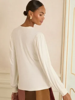 Love & Roses Ivory Frill V-Neck Jersey Long Sleeve Top