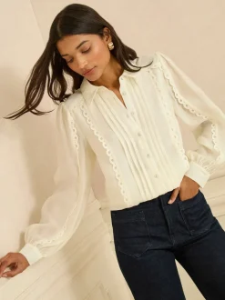 Love & Roses Ivory Long Sleeve Button Through Lace Trim Shirt