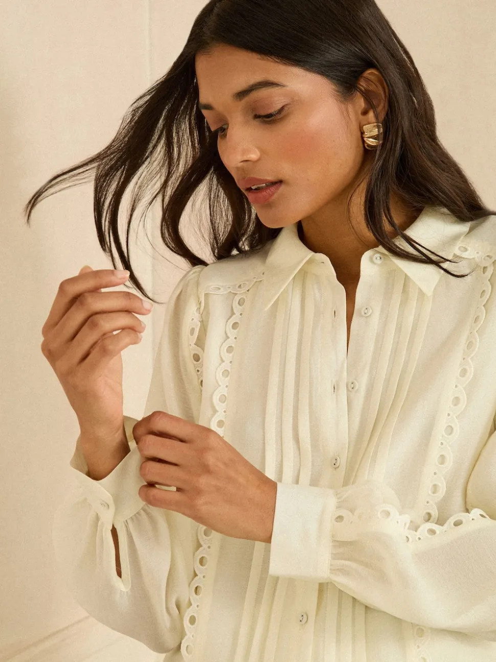 Love & Roses Ivory Long Sleeve Button Through Lace Trim Shirt
