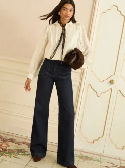 Love & Roses Ivory Long Sleeve Button Through Lace Trim Shirt