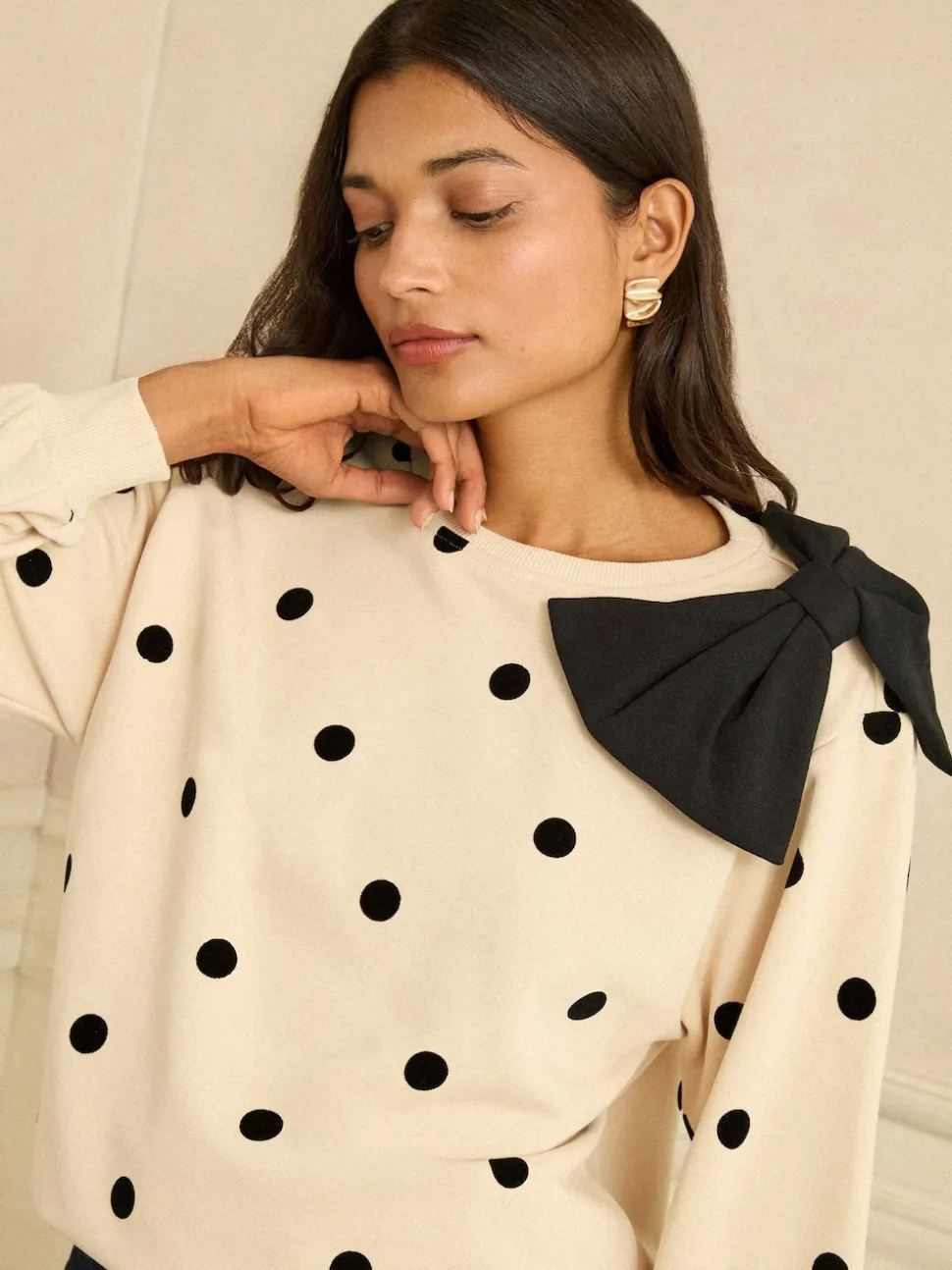 Love & Roses Ivory Spot Bow Shoulder Sweatshirt