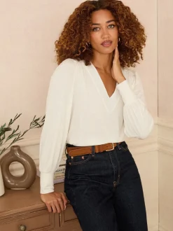 Love & Roses Ivory V-Neck Chiffon Mix Jersey Top