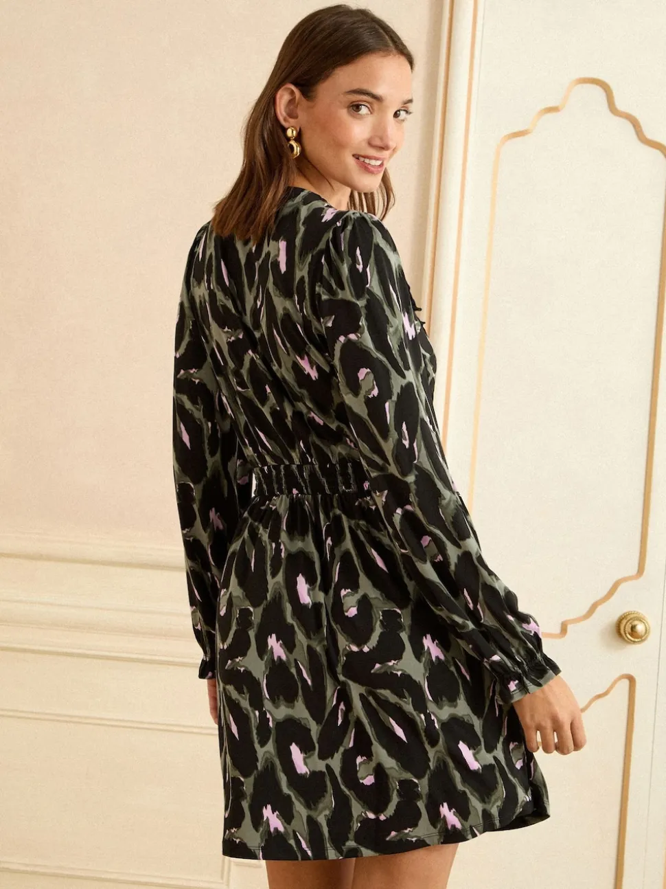 Love & Roses Khaki Green Animal Print V-Neck Mini Dress