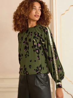 Love & Roses Khaki Green Animal Crew Neck Long Sleeve Sequin Trim Blouse