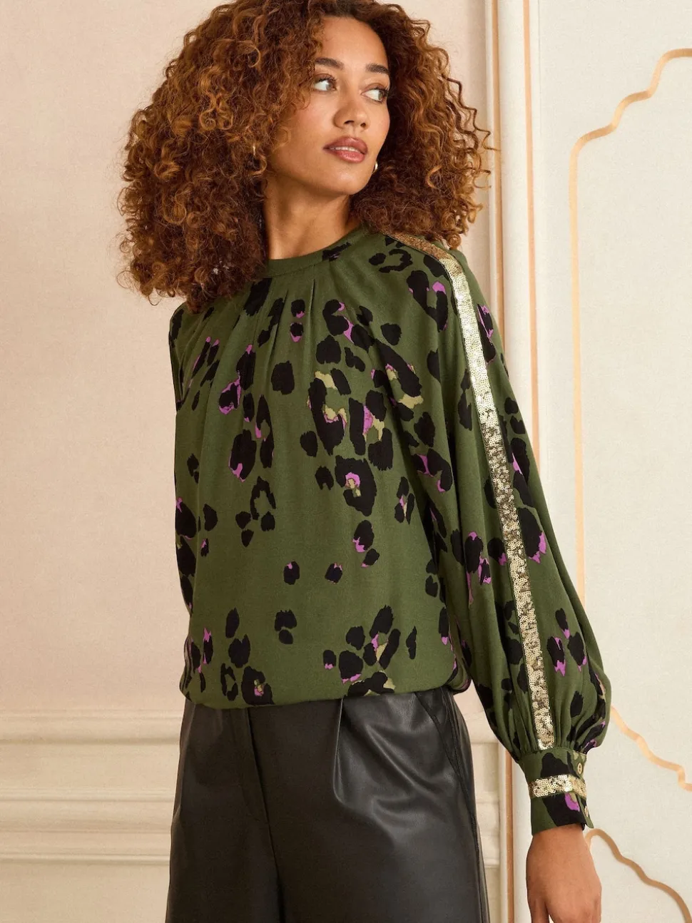 Love & Roses Khaki Green Animal Crew Neck Long Sleeve Sequin Trim Blouse