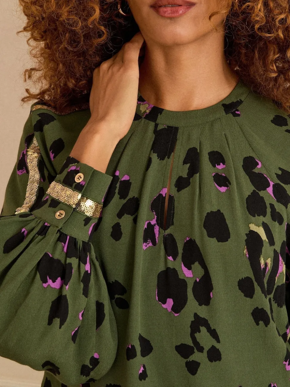 Love & Roses Khaki Green Animal Crew Neck Long Sleeve Sequin Trim Blouse