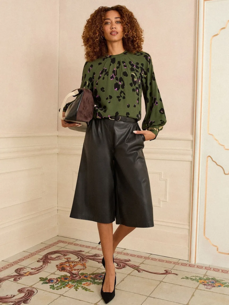 Love & Roses Khaki Green Animal Crew Neck Long Sleeve Sequin Trim Blouse