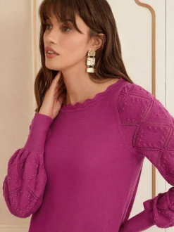 Love & Roses Magenta Pink Bobble Stitch Scallop Knit Jumper