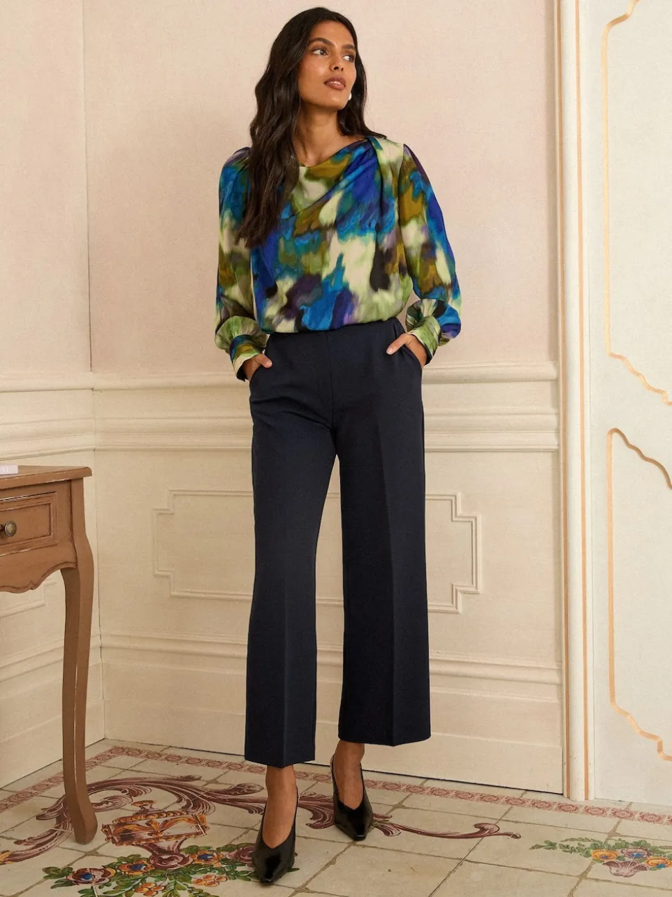 Love & Roses Multi Long Sleeve Satin Cowl Neck Blouse