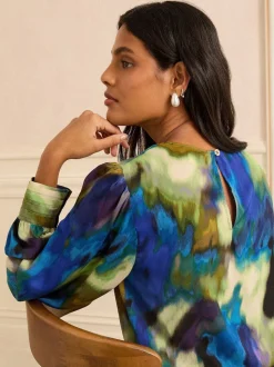 Love & Roses Multi Long Sleeve Satin Cowl Neck Blouse