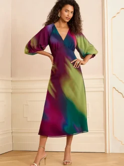 Love & Roses Multi Ombre Printed V-Neck Puff Sleeve Midi Dress