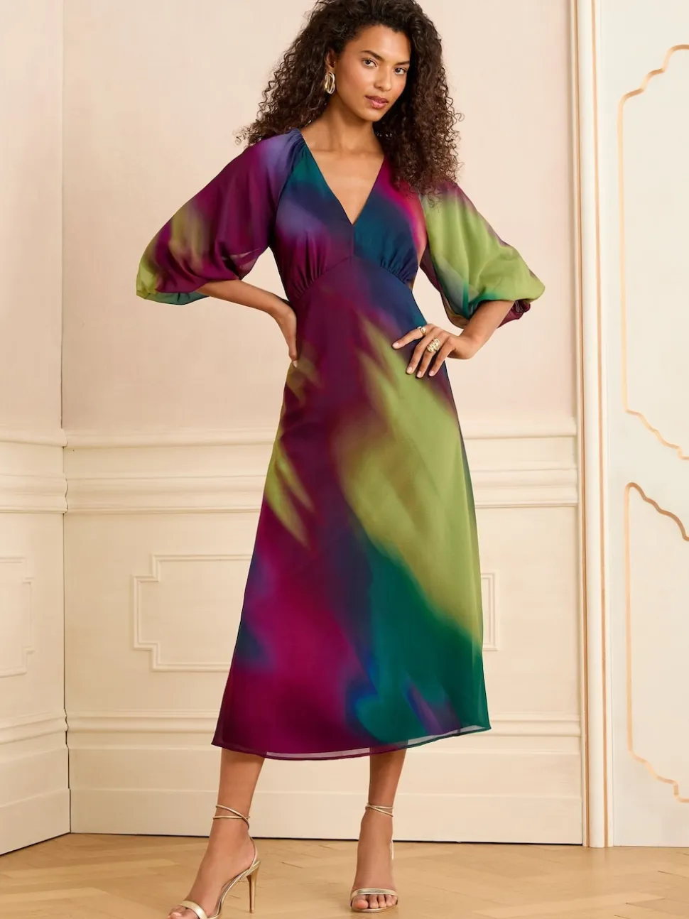 Love & Roses Multi Ombre Printed V-Neck Puff Sleeve Midi Dress