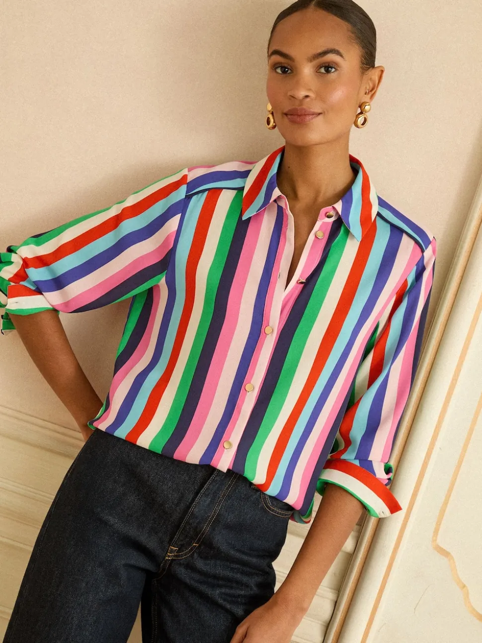 Love & Roses Multi Stripe Long Sleeve Button Through Shirt