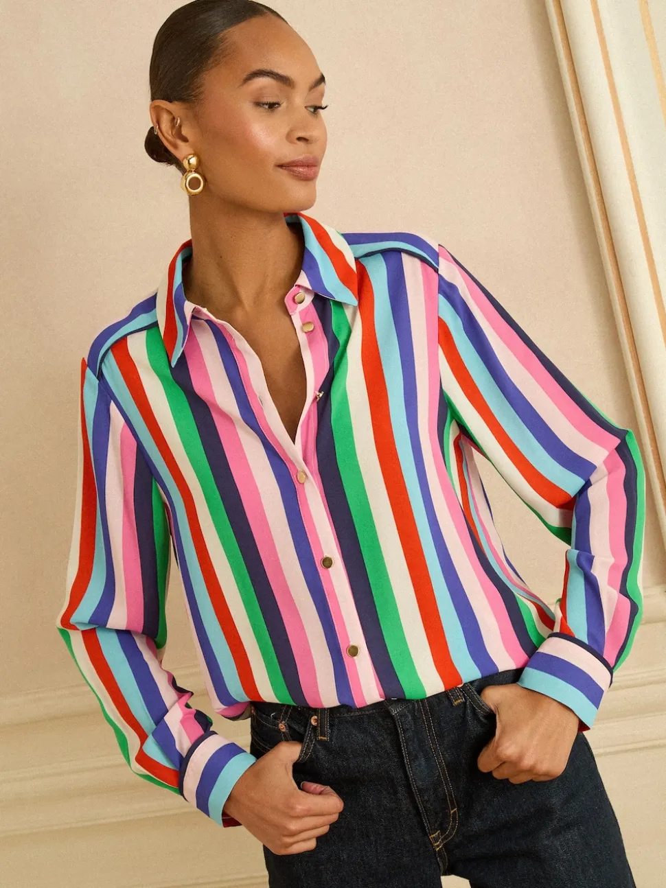 Love & Roses Multi Stripe Long Sleeve Button Through Shirt