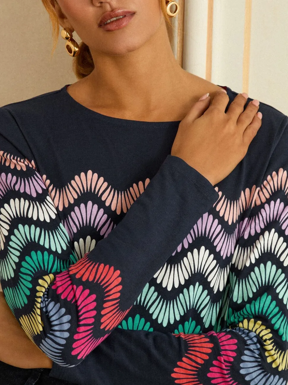 Love & Roses Navy and Multicolored Stripe Long Sleeve Jersey Top