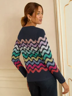 Love & Roses Navy and Multicolored Stripe Long Sleeve Jersey Top