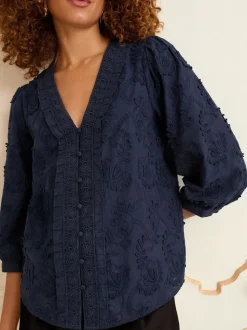 Love & Roses Navy Blue 3D Floral Print 3/4 Sleeve V-Neckline Blouse