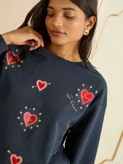 Love & Roses Navy Blue Heart Embroidery Crew Neck Jersey Sweatshirt