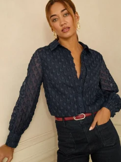 Love & Roses Navy 3D Heart Long Sleeve Button Through Shirt