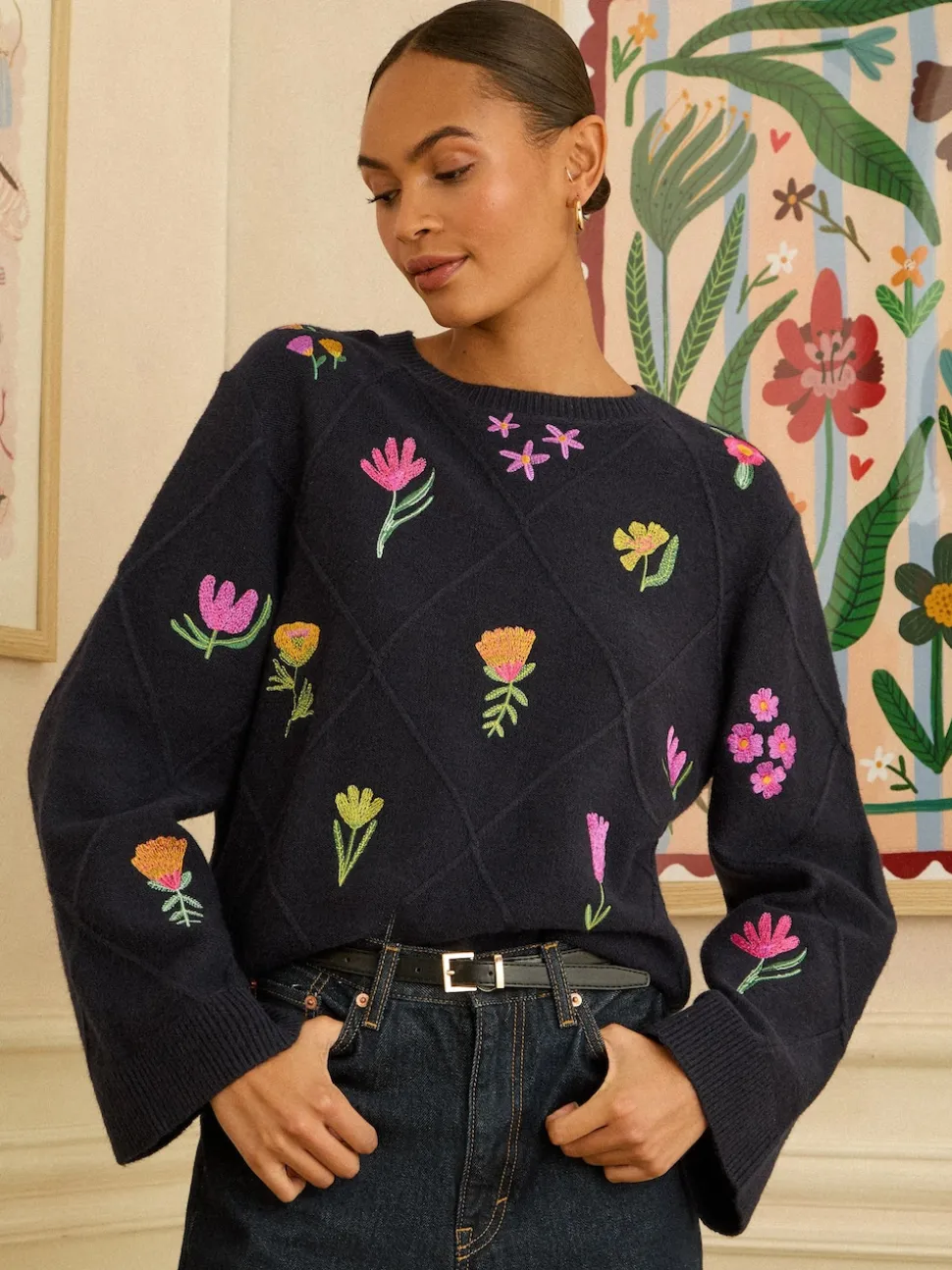 Love & Roses Navy Embroidered Detail Knitted Jumper