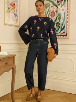 Love & Roses Navy Embroidered Detail Knitted Jumper