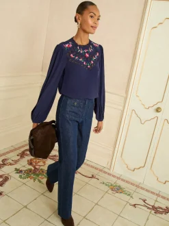 Love & Roses Navy Embroidered Crew Neck Long Sleeve Blouse