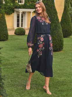 Love & Roses Navy Floral Embroidered Crew Neck Midi Dress