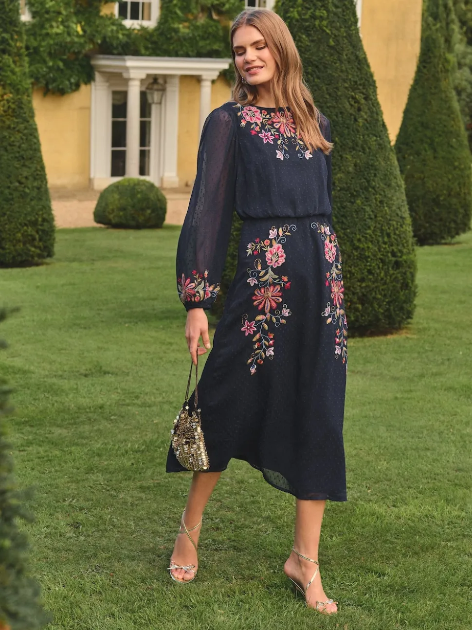 Love & Roses Navy Floral Embroidered Crew Neck Midi Dress