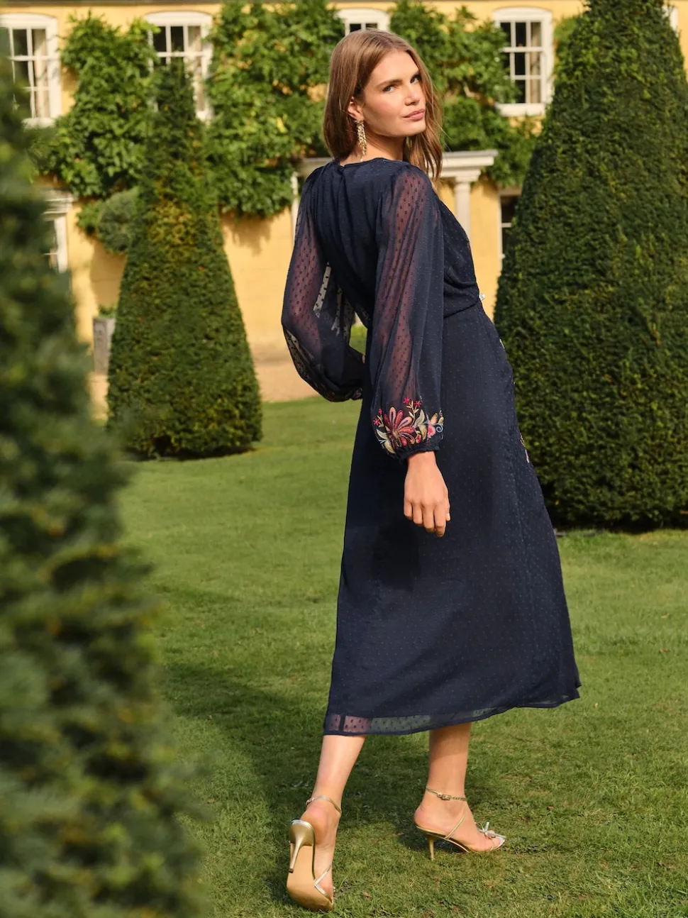 Love & Roses Navy Floral Embroidered Crew Neck Midi Dress