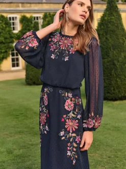 Love & Roses Navy Floral Embroidered Crew Neck Midi Dress