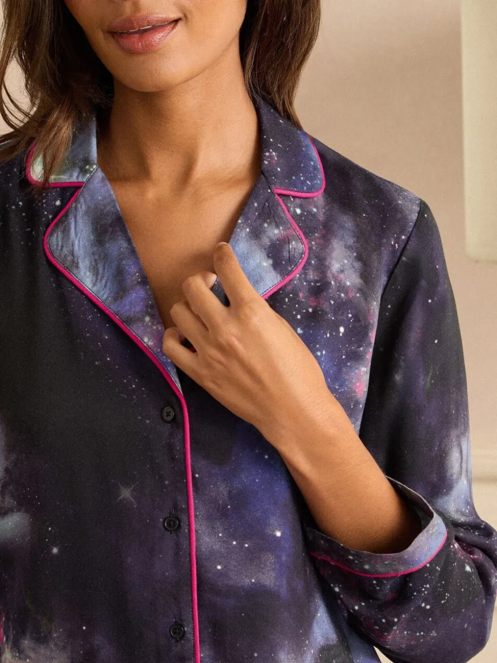 Love & Roses Navy Galaxy Print Button Down Pyjamas Set