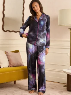 Love & Roses Navy Galaxy Print Button Down Pyjamas Set
