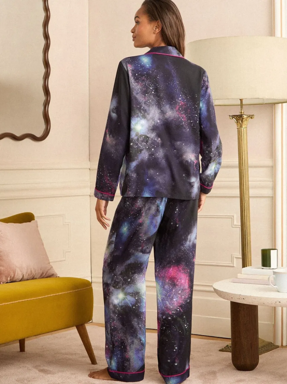 Love & Roses Navy Galaxy Print Button Down Pyjamas Set