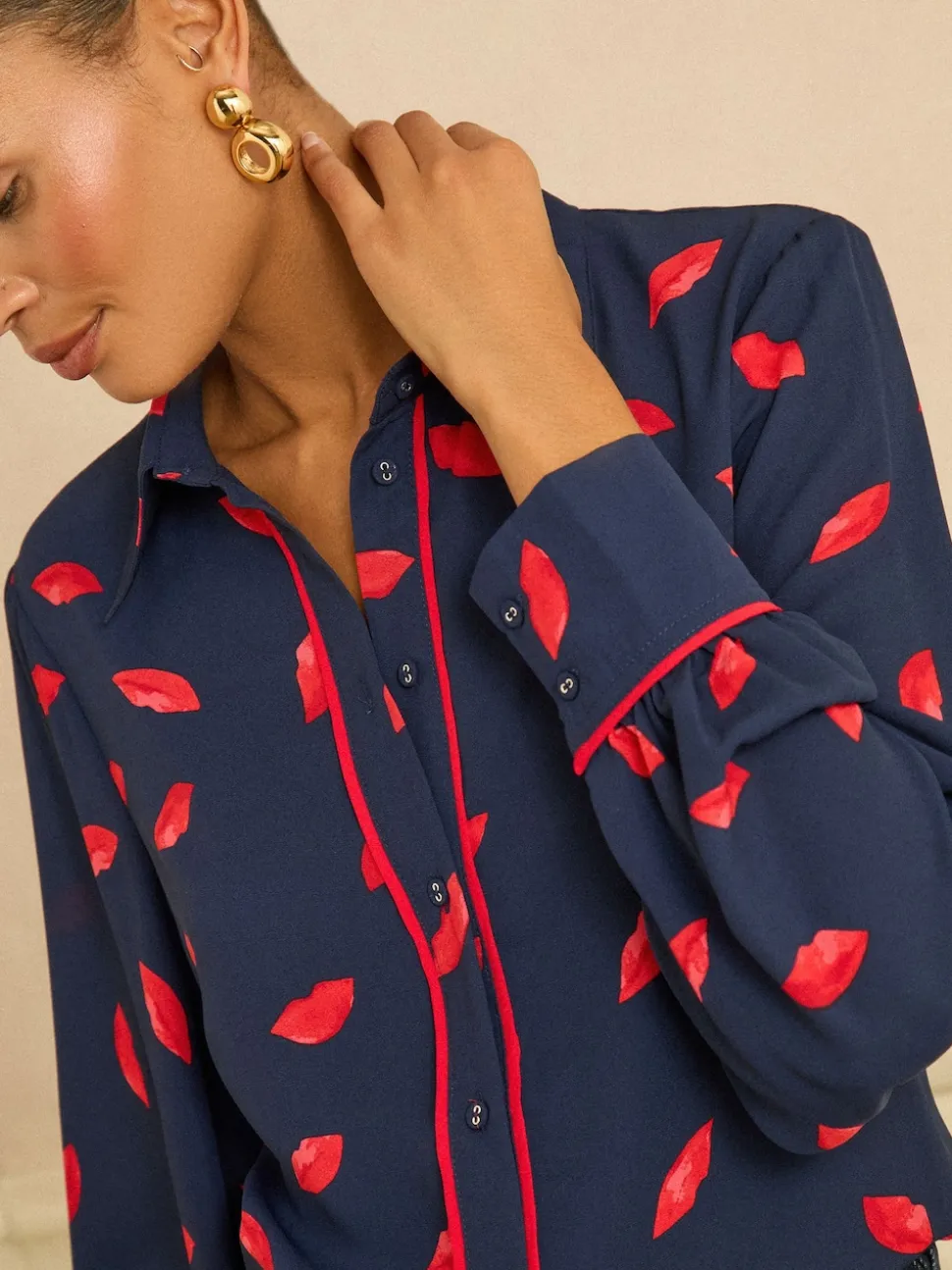 Love & Roses Navy Lips Print Petite Long Sleeve Button Through Shirt