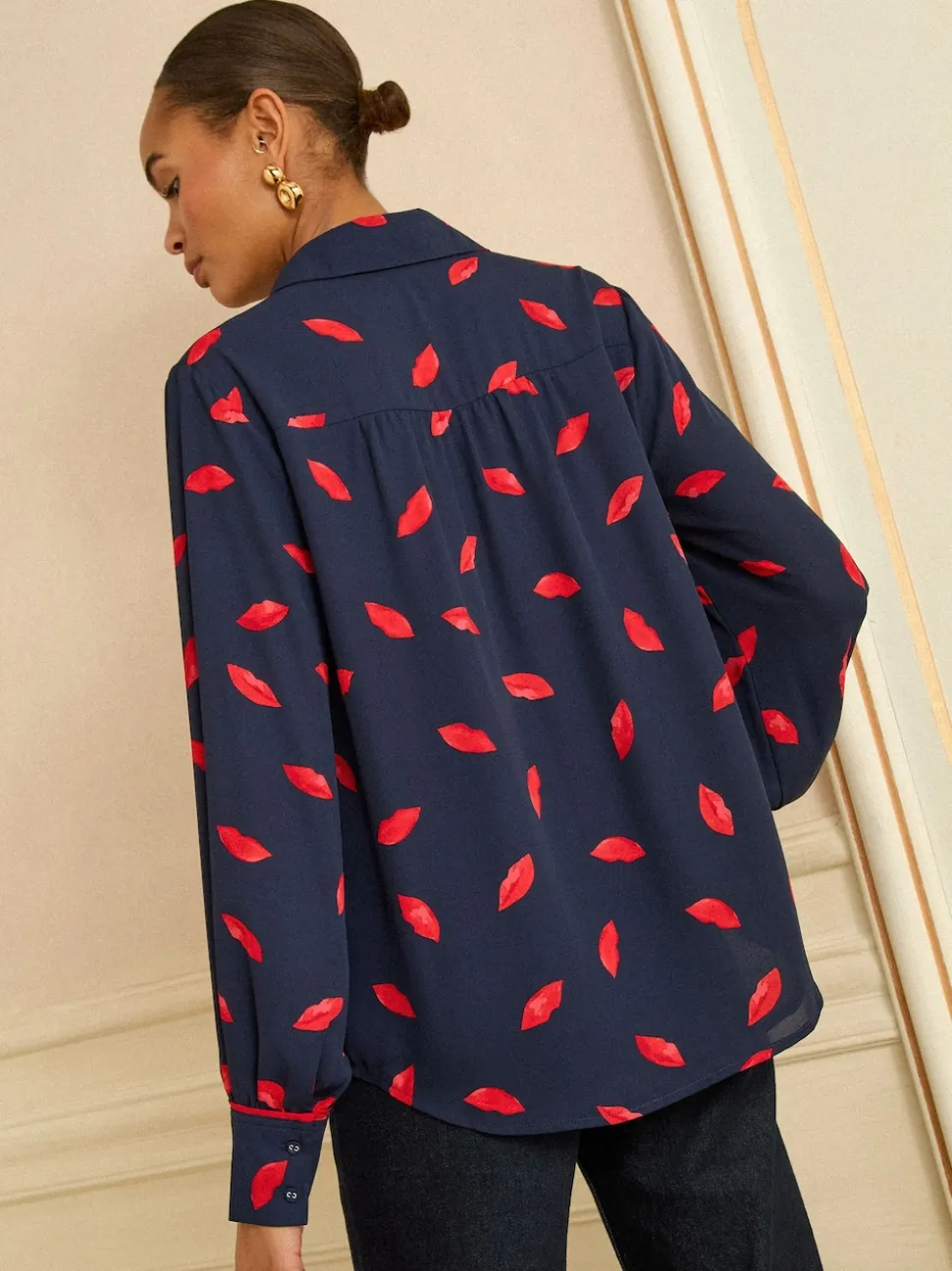 Love & Roses Navy Lips Print Petite Long Sleeve Button Through Shirt