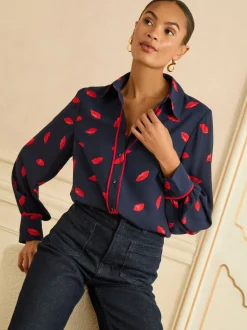 Love & Roses Navy Lips Print Long Sleeve Button Through Shirt