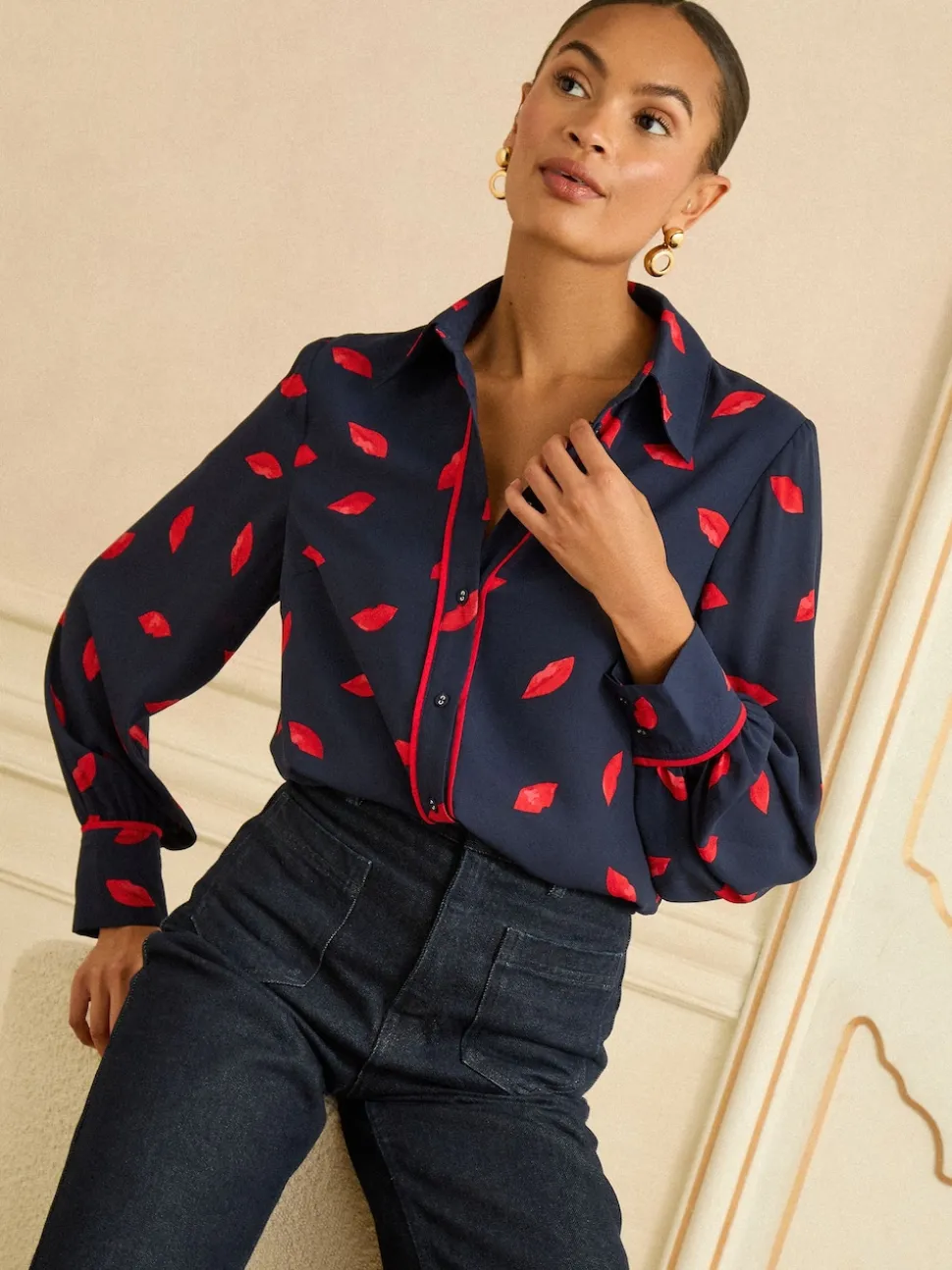 Love & Roses Navy Lips Print Long Sleeve Button Through Shirt