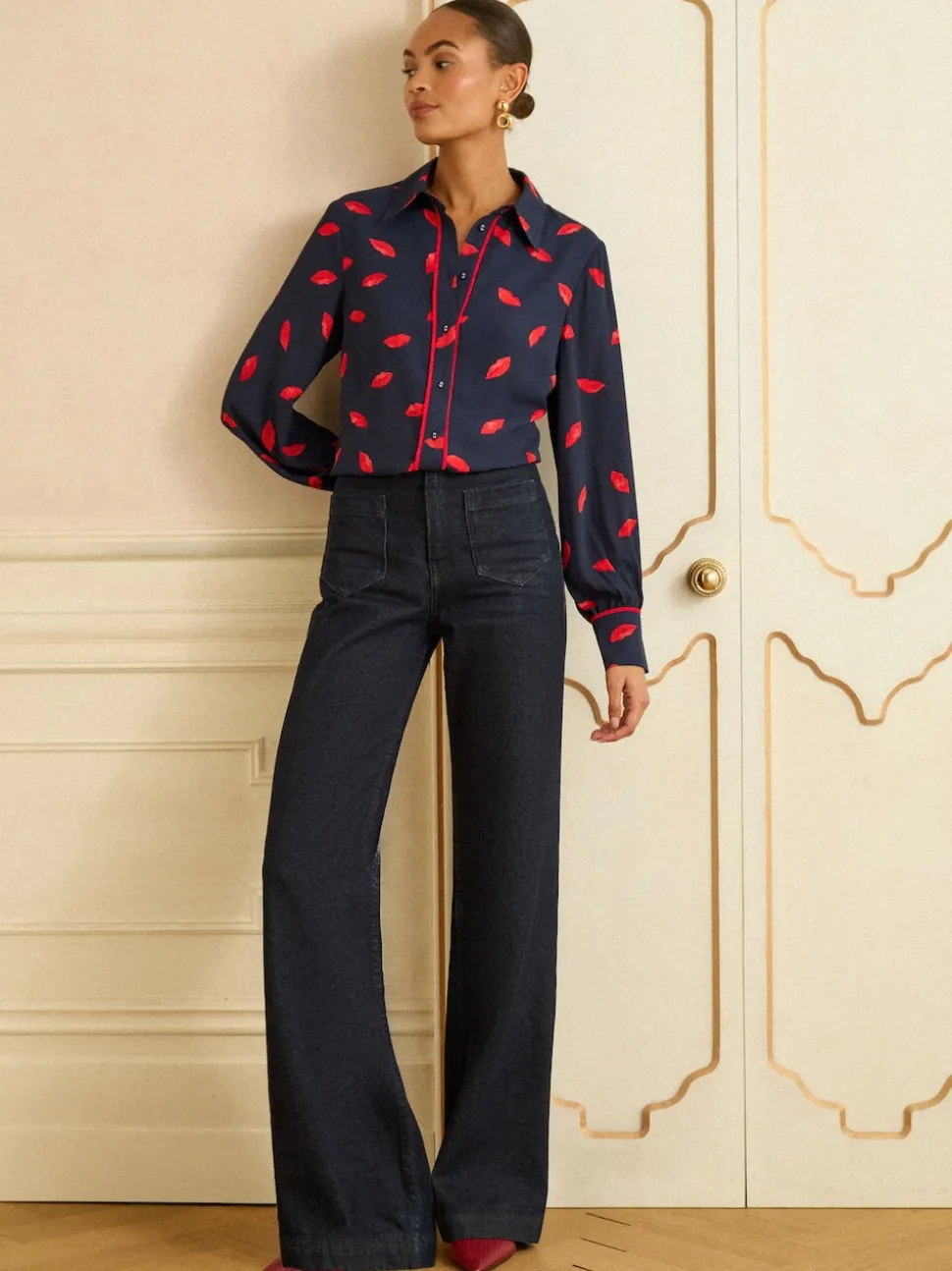 Love & Roses Navy Lips Print Long Sleeve Button Through Shirt