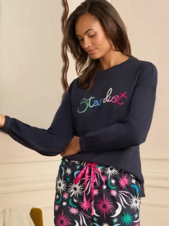 Love & Roses Navy Moon And Star Print Jersey Long Sleeve Pyjamas Set