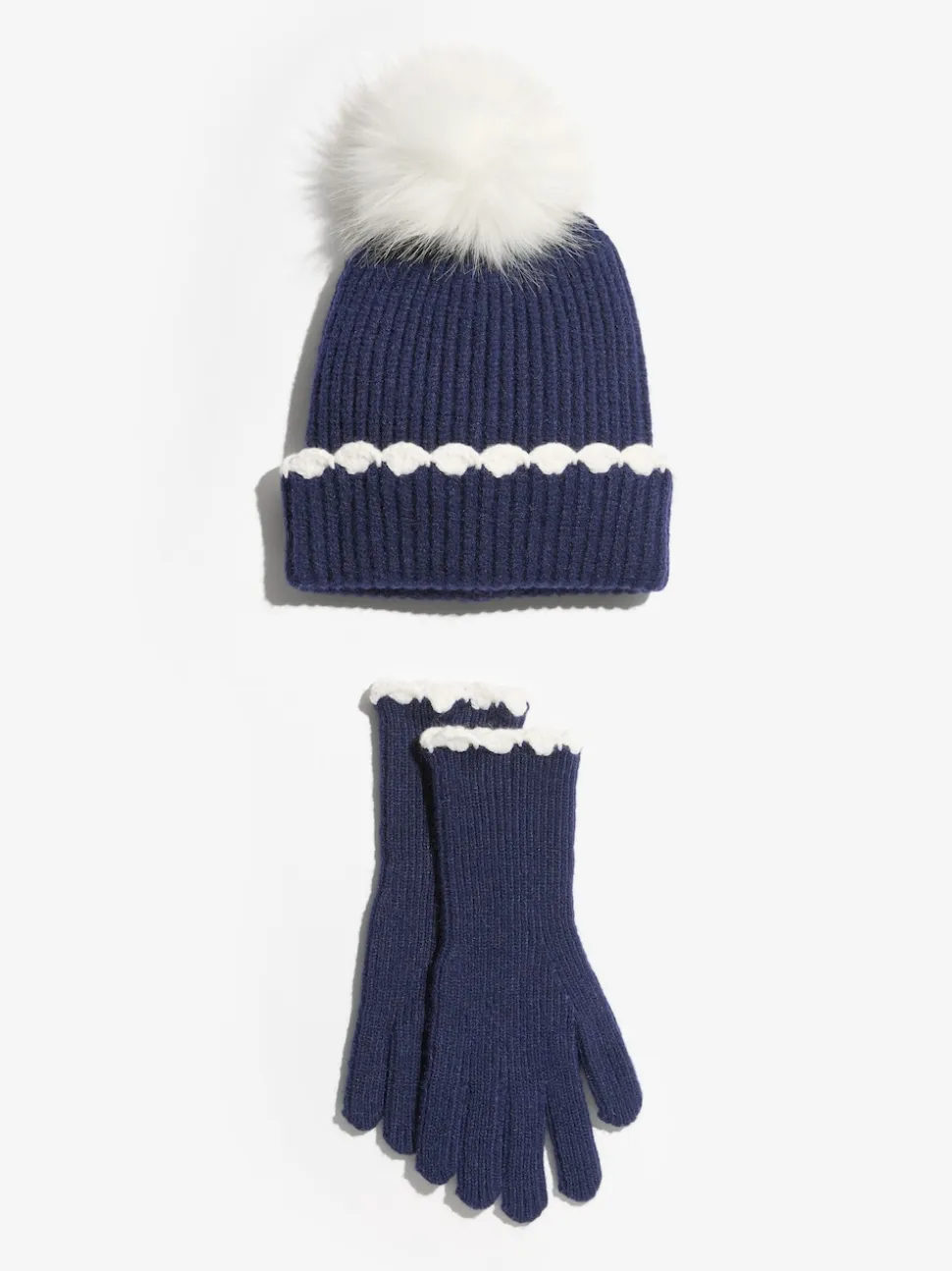 Love & Roses Navy Scallop Trim Ribbed Pom Hat and Gloves Set