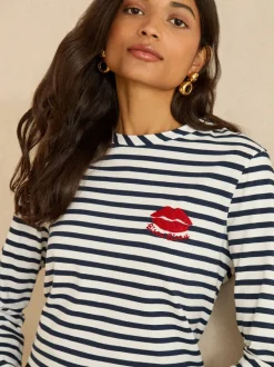 Love & Roses Navy Stripe Tie Back Embroidered Bisou Long Sleeve Jersey Top